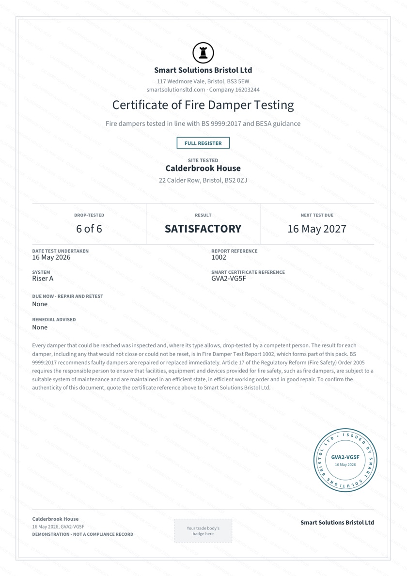 Sample fire damper certificate from SMART Reports showing dampers drop-tested, the Satisfactory result and the next test due