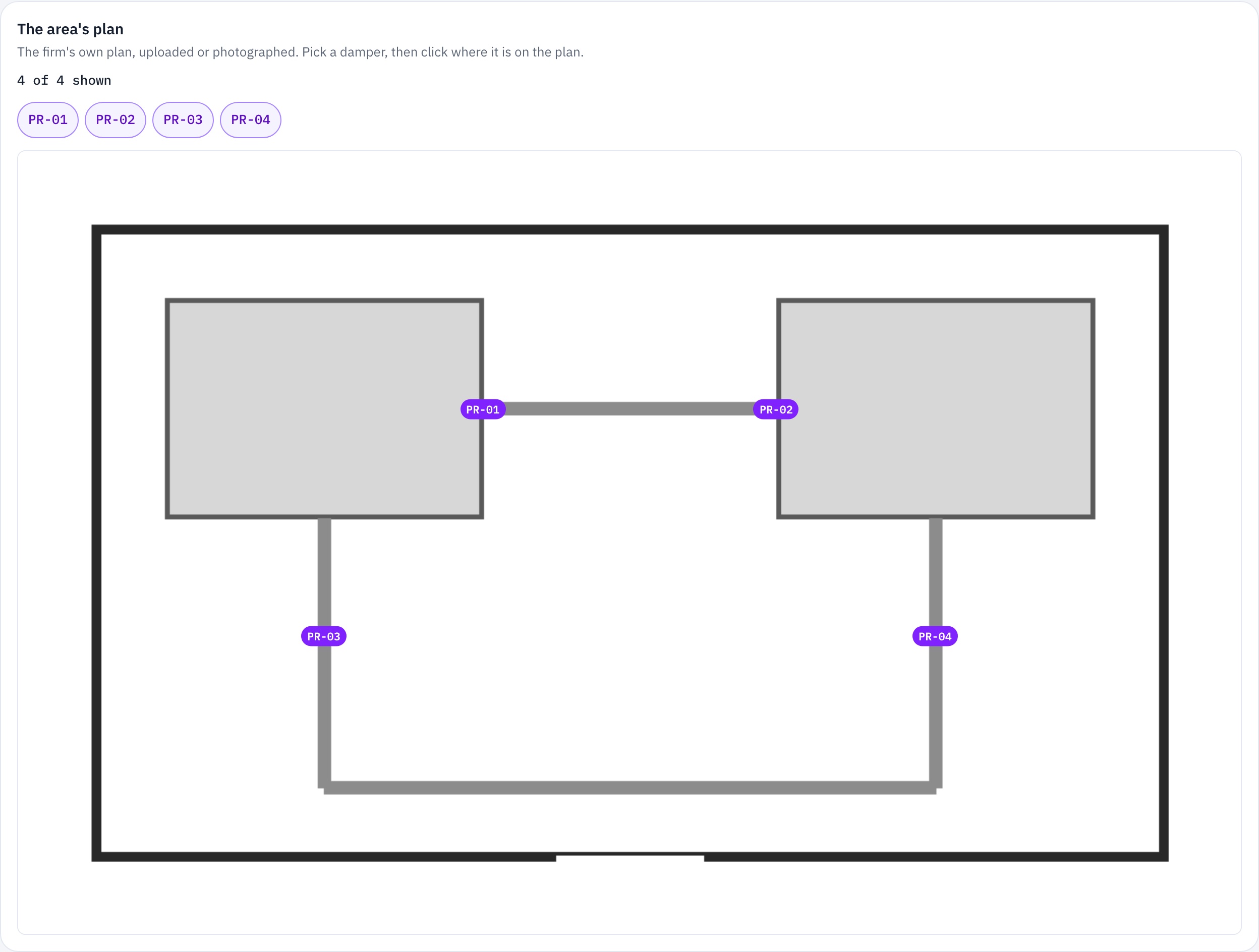 A location plan in SMART Reports with a dot for each fire damper, PR-01 to PR-04, on a sample site floor plan