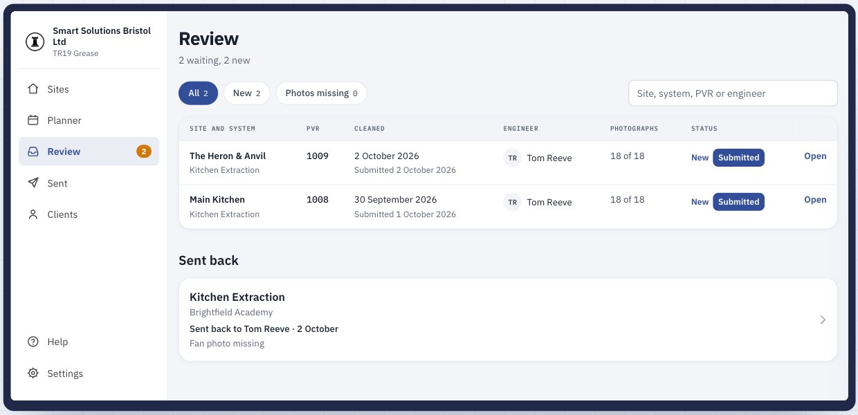 Office Review screen in SMART, where reports are checked and sent before invoicing