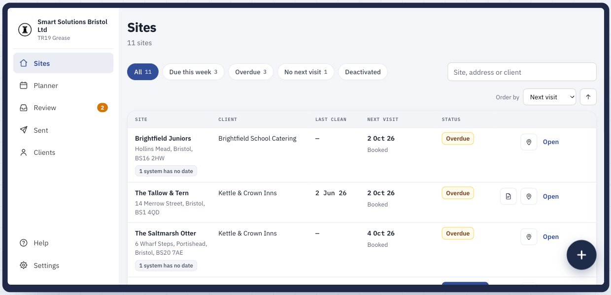 Sites list in SMART showing due and overdue kitchens
