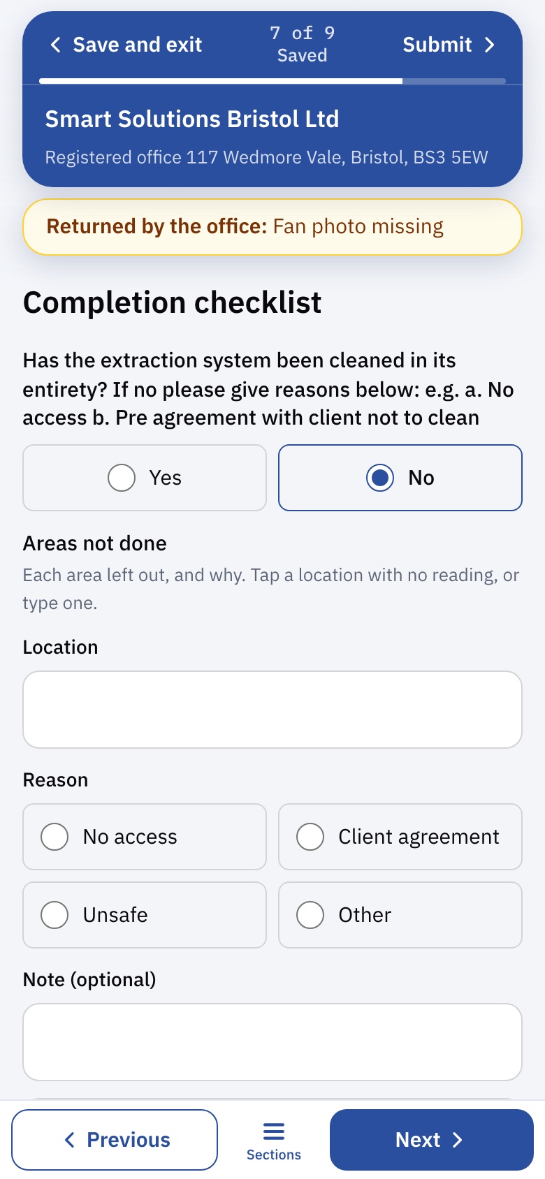 The completion checklist on the engineer's phone in SMART Reports: answering No opens Areas not done, with the location and a reason - no access, client agreement, unsafe or other
