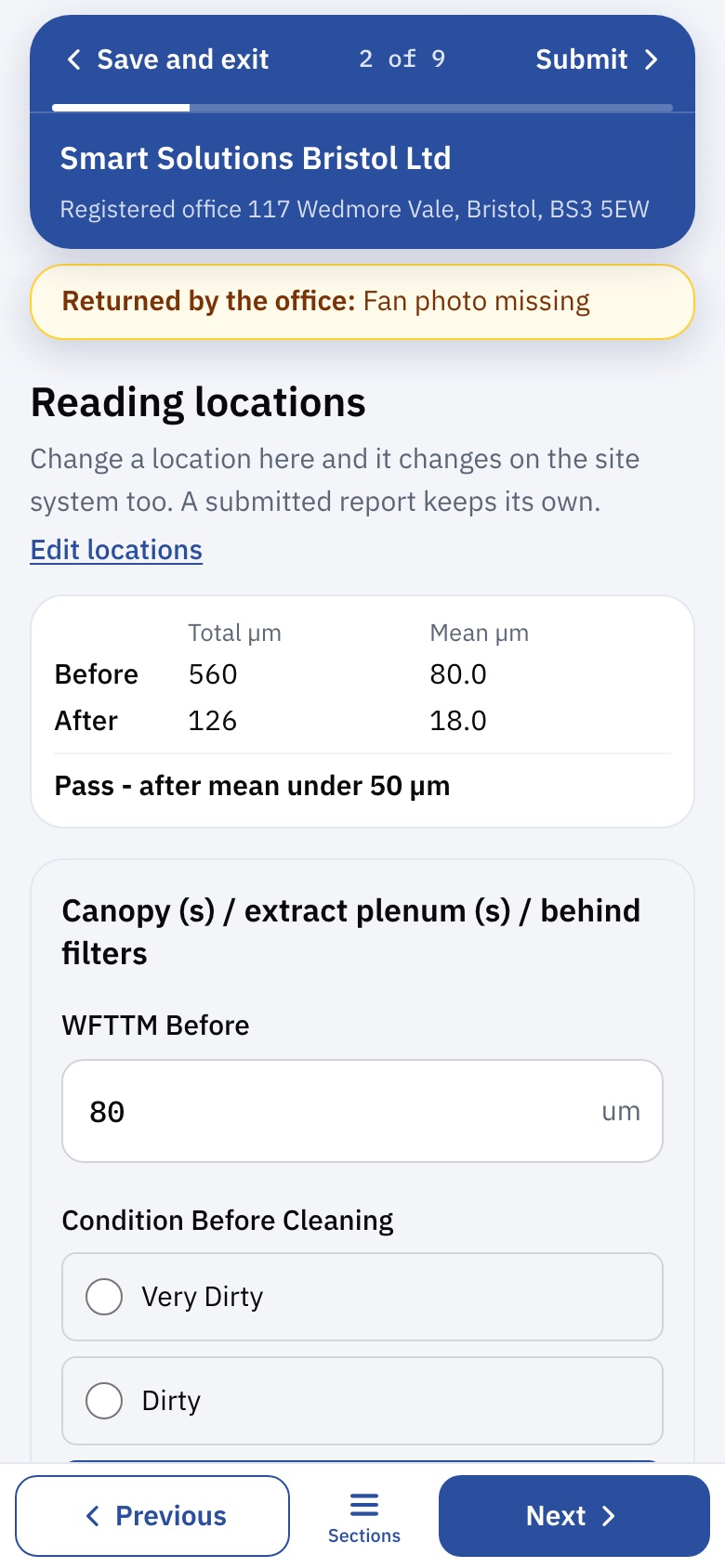 Reading locations on the engineer's phone in SMART Reports: totals and mean before and after cleaning worked out from the readings, with the pass shown