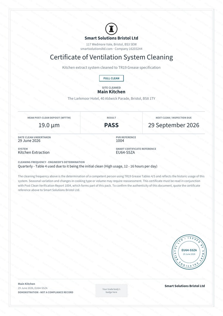 Sample certificate from SMART showing the mean deposit, the result and the next clean date